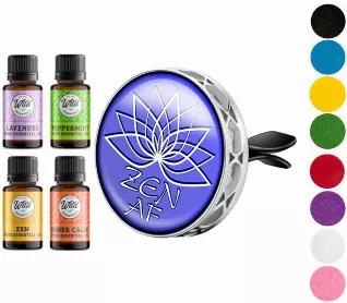 <p data-mce-fragment="1">Zen AF car vent aromatherapy diffuser kit with vent clip, 8 vibrantly colored refill pads and comes with 5ml bottles of lavender, lemongrass, orange sweet and peppermint pure, made in the USA essential oils.</p>
