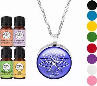 <div class="product-description rte" data-product-description="" data-mce-fragment="1">
<p data-mce-fragment="1">Zen AF stainless steel necklace aromatherapy diffuser kit with 24" chain, 8 vibrantly colored refill pads and comes with 5ml bottles of lavender, lemongrass, orange sweet and peppermint pure, made in the USA essential oils.</p>

</div>