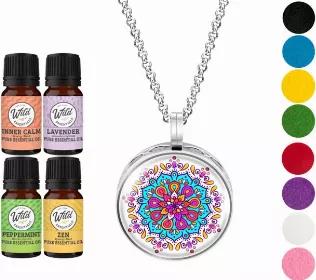 <li>Wild Essentials aromatherapy necklace diffuser gift sets are m<span class="a-list-item" data-mce-fragment="1">ade with a hypoallergenic, surgical grade 316L stainless steel pendant and an adjustable 24" chain. Also includes 4 100% pure essential oils and 12 vibrantly colored, premium refill pads. </span>
</li>
<li><span class="a-list-item"></span></li>
<li><span class="a-list-item">Aromatherapy On the Go: Great for school, work or anywhere in between, our essential oil necklace allows you di