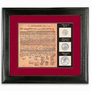 A beautiful facsimile of one of our county's most important documents, the Declaration of . Includes three 1776-1976 Bicentennial coins; the Eisenhower Dollar, JFK Half Dollar and Washington Quarter, pay tribute to the 200th anniversary of America's beginnings. Adds an elegant and patriotic touch to a home or office. Certificate of authenticity included.