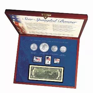 Written by Francis Scott Key as a poem, The Star Spangled Banner quickly became known as an American patriotic song. It became the national anthem on March 3, 1931. All four stanzas are included for your enjoyment in the Star Spangled Banner Coin and Stamp Collection. A collector's display box houses four genuine United States coins, a JFK Bicentennial Half Dollar, an Eisenhower Bicentennial Dollar and a Washington Bicentennial Quarter all dual dated 1776-1976, also included a Maryland Statehood
