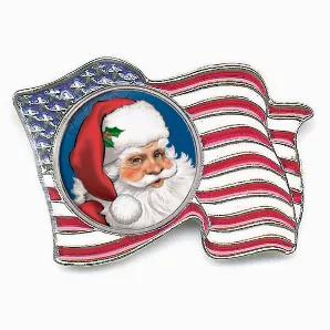 Your Christmas sweater or coat will sparkle with spirit and pride by adding our colorized Santa Quarter American Flag Pin to its lapel. Santa is colorized on a genuine United States quarter using a special ink technique and is surrounded by the stars and stripes of the waving flag. The "Pledge of Allegiance" is inscribed on the back. A Certificate of Authenticity is included.
