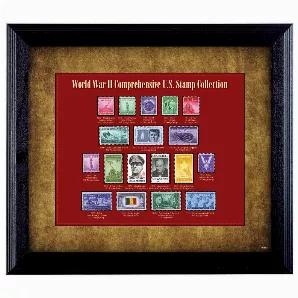 Honoring America's heroes, the framed World War II Stamp Collection, is a poignant reminder of the soldiers spirit and sacrifice on land, at sea and in the air during the most devastating war in history.  United States Mint Postage Stamps are stunningly displayed in a wood wall frame celebrating America's victory and freedom.  Included in the frame are stamps issued during World War II and stamps issued to commemorate the heroes and battles of the war.  The black wood wall frame measures 16 inch
