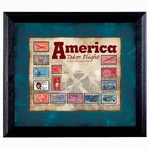Celebrate America's amazing aviation history with this collection. From the Wright Brothers to Amelia Earhart, fourteen mint US Postage Stamps are artistically displayed in a 14 by 16 inch black wood wall frame. All stamps were issued between 1938 and 1980. Included are the 50th Anniversary of Lindbergh's Flight issued in 1977, Liberty Looking Over the New York Skyline issued in 1947 and the 50th Anniversary of the Air Force Stamp issued in 1957. The collection is a air enthusiast's dream. A Cer