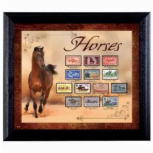 Horses have played a historic role . The 14 by 16 inch frame captures the spirit of the horse from mail delivery to land runs and of course horse racing. Stamps were issued from 1940 to 1989 and include the 1974 Horse Racing Kentucky Derby Churchill Downs 10 cent stamp. A Certificate of Authenticity is included.