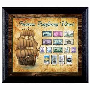 Anchors Aweigh and Sails Set, fifteen mint US Postage Stamps are artfully displayed in a 14 by 16 inch black wood wall frame. The seafaring Mint stamps featured were issued between 1944 and 1988. Sailors and sea lovers will enjoy viewing the Steamship Savannah issued in 1944, the Frigate Constitution issued in 1947 and stamps celebrating New York City, Hawaii, Maryland and Connecticut. A Certificate of Authenticity is included.