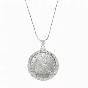 Liberty sitting on a rock is the focus of this Sterling Silver Seated Liberty Half Dollar Pendant. A genuine United States Seated Liberty Half Dollar is set in a twisted rope bezel and hangs from a Sterling Silver Italian Snake Style 18 inch chain with a lobster claw clasp. The Silver Seated Liberty Half Dollar minted from 1839-1891 and is composed of 90 percent silver. A Certificate of Authenticity is included.