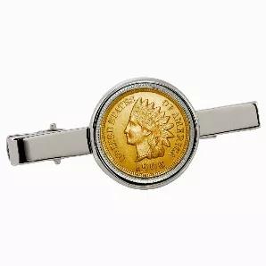 Always in fashion since the 1920s, tie clips are used to secure the tie to the dress shirt. Rest assured your tie will not be blowing in the wind our a coin tie clip. The Indian Head penny was minted from 1859 to 1909 and is composed of copper. It was designed by James B. Longacre and is now well over 100 years old. Legend has it, his daughter Sarah was the inspiration modeling a headdress given to the White House from a chief. No one knows if Sarah was the model as James B. Longacre once stated