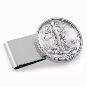 Stylishly simple in design this Silver Tone Half Dollar Coin Money Clip is historical and collectible. Keep your currency secure in the stainless steel two inch money clip featuring a genuine United States Half Dollar. The Walking Liberty Half Dollar, struck in .900 Fine Silver was created by A.A. Weinman and minted from 1916-1947. It depicts a graceful Liberty advancing toward the dawn of a new day. The coin rests securely in a silvertone bezel to maintain the clean design. This historical high