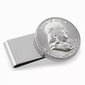 Stylishly simple in design this Silver Tone Half Dollar Coin Money Clip is historical and collectible. Keep your currency secure in the stainless steel two inch money clip featuring a genuine United States Half Dollar. The Silver Franklin Half Dollar was minted from 1948 to 1963. When it was issued in 1948, Benjamin Franklin became the first person other than a president to be immortalized on a circulating U.S. coin. Even the Liberty Bell on the reverse is a "first"-- all previous silver coins f