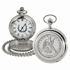 The Silver Tone Half Dollar Coin Pocket Watch is the classic time piece. A simple but sleek silver tone case houses a genuine United States half dollar. The Silver Seated Liberty Half Dollar was minted from 1839-1891. This genuine silver US coin was designed by chief engraver of the US Mint Christian Gobrecht and was based on a sketch from artist Thomas Scully. It reflected America's neo-classical taste at the time. During the 52 years of production, the Seated Liberty Half went through several 