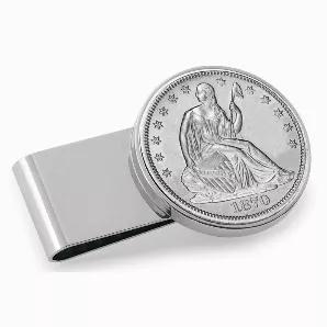 Stylishly simple in design this Silver Tone Half Dollar Coin Money Clip is historical and collectible. Keep your currency secure in the stainless steel two inch money clip featuring a genuine United States Half Dollar. The Silver Seated Liberty Half Dollar was minted from 1839-1891. This genuine silver US coin was designed by chief engraver of the US Mint Christian Gobrecht and was based on a sketch from artist Thomas Scully. It reflected America's neo-classical taste at the time. During the 52 