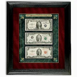 This fascinating collection features three types of U.S. currency from the past century - a $2 Federal Reserve Note, the rare "red ink" $2 U.S. Note, and a $1 Silver Certificate last issued in 1957. They accounted for nearly all the notes in circulation until November 26, 1965, when the first Federal Reserve Notes were issued. Federal Reserve Notes account for 99% of the bills in circulation today. Authorized by the Federal Reserve Act of 1913, each note is an obligation of the U.S. Government b
