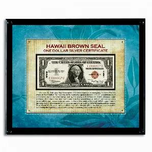 Issued during World War II as an emergency issue after the attack on Pearl Harbor, the Hawaii Brown Seal Note was a response to a possible Japanese invasion. The $1.00 United States issued currency has the word Hawaii stamped on both the right and left sides of the face of the bill. A large outline of the word Hawaii dominates the reverse of the bill. The silver $1.00 certificate is also recognizable by the brown treasury stamp and serial numbers that adorn the bill. The Hawaii Brown Seal Note i