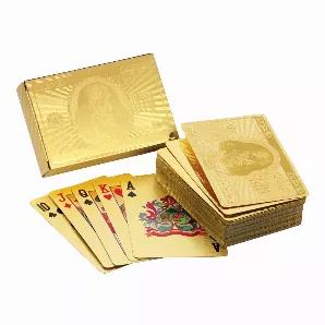 Bring the Ben Franklin 24 Kt Gold Foil Playing Cards to the table and enjoy a game with style. The certified 24 Kt Gold Foil plastic playing cards are designed in the modern English style. The deck contains 52 standard cards and 2 jokers. The outside of the deck displays the image of the Franklin 100 dollar bill. The face of the cards are easily identifiable. The cards are packaged in a plastic 24 Kt Gold Foil Box. The case deck measures 3 9/16 inch by 2 5/16 inch by 7/8 inch. A Certificate of A