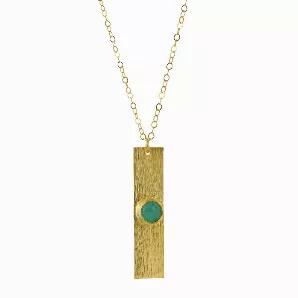 The Chalcedony stone is said to harmonize the mind, body and spirit. It is also said to promote generousity. The Aqua Chalcedony Bar Necklace is a modern piece that can be worn with any attire. The gold filled bar is approximately 1.25 inches long and .25 inches wide and holds an .25 inch aqua colored chalcedony stone. The bar charm hangs from an 18 inch gold filled cable chain with a spring ring clasp.