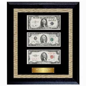 This fascinating collection features three types of U.S. currency from the past century - a $2 Federal Reserve Note, the rare "red ink" $2 U.S. Note, and a $1 Silver Certificate last issued in 1957. They accounted for nearly all the notes in circulation until November 26, 1965, when the first Federal Reserve Notes were issued. Federal Reserve Notes account for 99% of the bills in circulation today. Authorized by the Federal Reserve Act of 1913, each note is an obligation of the U.S. Government b