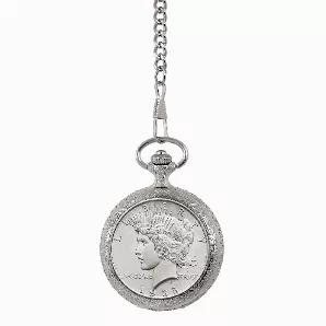 Here is a truly spectacular timepiece - a pocket watch with an authentic Brilliant Uncirculated U.S. Mint Peace Silver Dollar on the front of its intricately carved case, a detailed relief sculpture of an American Eagle on the back. Practical as well as beautiful, the watch has a sweep second hand, quartz precision, and a one-year warranty. Watch comes with a fob chain and certificate of authenticity.