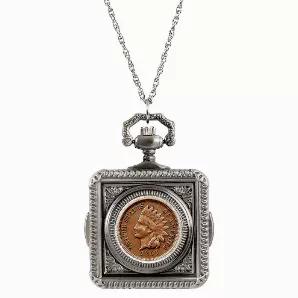 This distinctive pocket watch has been beautifully crafted with the look of yesteryear. The front of the engraved square case houses the obverse of a genuine U.S. coin. The Indian Head penny was minted from 1859 to 1909 and is composed of copper. It was designed by James B. Longacre and is now well over 100 years old. Legend has it, his daughter Sarah was the inspiration modeling a headdress given to the White House from a chief. No one knows if Sarah was the model as James B. Longacre once stat