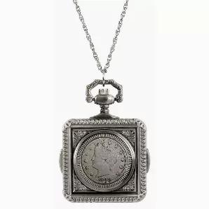 This distinctive pocket watch has been beautifully crafted with the look of yesteryear. The front of the engraved square case houses the obverse of a genuine U.S. coin. One of America's most interesting vintage coins, the Liberty Nickel was designed in 1883 by Charles E. Barber and minted through 1912. Features the low profile silhouette of Lady Liberty surrounded by stars representing the original thirteen colonies. The Liberty Nickel in this pocket watch is guaranteed to be dated from the 1800