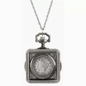 This distinctive pocket watch has been beautifully crafted with the look of yesteryear. The front of the engraved square case houses the obverse of a genuine U.S. coin. The Liberty Nickel was minted from 1883 to 1912 and is composed of copper nickel. It is sometimes referred to as the V nickel due to the Roman numeral 5 on the obverse of the coin. The reverse features Lady Liberty designed by Charles Barber. The Liberty Nickel first appeared without the word cents but because of fraud it was add