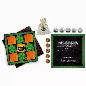 Irish Tic Tac Toe is educational, collectible and historical. A fun way to keep you and your child's interest in a car, a plane or a hotel room. Instead of X's and O's, the game pieces are composed of Irish Pennies and Irish Three Pence housed in acrylic easy to pick up cases. A history card tells the story of the coins. The game board, history card and coin pieces are contained in a brown travel game box. A fun way to pass the time while sharing an interest in history and coins. The game box me