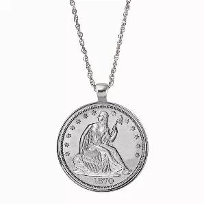 Liberty sitting on a rock is the focus of this Silver Seated Liberty Half Dollar Pendant. A genuine United States Seated Liberty Half Dollar is set in a simple bezel and hangs from a silvertone rope 24 inch chain with a lobster claw clasp. The Silver Seated Liberty Half Dollar minted from 1839-1891 and is composed of 90 percent silver. A Certificate of Authenticity is included.