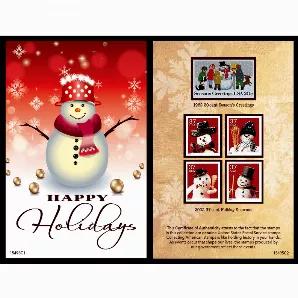 Looking to send a special card this holiday season? The Snowman United States Postage Stamp Card will delight the receiver. The card contains five mint state Snowman stamps from season's past. The first stamp is from 1982, a 20? Building a Snowman issued in Snow, Oklahoma. The scene spreads Season's Greeting with children building a snowman. The remaining four stamps are a series of stamps minted in 2002, each are 37 cents and issued in Houghton, Michigan. Each snowman is dressed with a differen