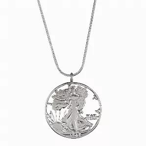 A genuine Silver Walking Liberty Half Dollar, minted from 1916 to 1947, serves as a unique and historical pendant on our exquisite sterling silver necklace. Each pendant is handcrafted by artisans using a goldsmith saw. Considered one of the most beautiful of all US half dollar coins, the beauty is enhanced by cutting out Lady Liberty in her walking in front of the sun with the American flag drapped over her shoulder. The 90% silver coin was designed by Adolph Weinman. The cut out coin is secure