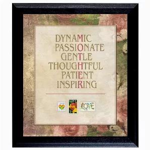 Honor your mother all year with the Mother Love Stamp Frame. The following words tell the love for your mother: Dynamic, Passionate, Gentle, Thoughtful, Patient and Inspiring. The frame also includes three mint state United States Postage Stamps, a 1987 22 cent Hearts and Flowers Love stamp, a 1988 45 cent Pink Roses Love stamp and a 1982 20 cent Love stamp. The black wood wall frame is 16 by 14 inches and has a floral mat with vertical word Mother. A Certificate of Authenticity is included.