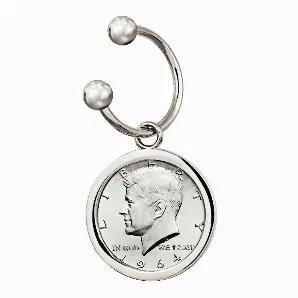 The ball closure key chain is made of a durable jeweler's metal. The stylish design includes a genuine half dollar set in a sturdy silvertone bezel. The JFK Half Dollar was first minted in 1964 to honor President John F. Kennedy. It was designed by Gilroy Roberts and Frank Gasparro. The obverse features a bust of Kennedy while the reverse displays the Presidential Seal. The first year of issue coin is composed of 90% silver. The coin was reduced to 40% silver in 1965. Coins are historical, colle