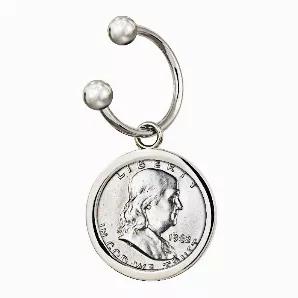 The ball closure key chain is made of a durable jeweler's metal. The stylish design includes a genuine half dollar set in a sturdy silvertone bezel. The Silver Franklin Half Dollar minted from 1948 to 1963. The obverse of half dollar features a bust of Benjamin Franklin and the reverse displays the Liberty Bell. The coin was designed by John R. Sinnock and Gilroy Roberts. The coin is 90% silver. Coins are historical, collectible and designed to show pride in your heritage. Mint marks and years w