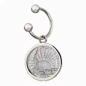 The ball closure key chain is made of a durable jeweler's metal. The stylish design includes a genuine half dollar set in a sturdy silvertone bezel. The Commemorative Statue of Liberty Half Dollar minted in 1986. The obverse of the Statue of Liberty half dollar features a view of the Statue of Liberty in 1913 with an immigrant ship in the background. The reverse depicts an immigrant family viewing America from Ellis Island. The coin was designed by Edgar Z. Steever and Sheryl J. Winter. It easil