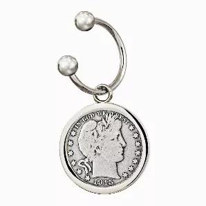The ball closure key chain is made of a durable jeweler's metal. The stylish design includes a genuine half dollar set in a sturdy silvertone bezel. The Barber Half Dollar, struck in .900 Fine Silver was created by Charles E. Barber and minted from 1892-1915. It depicts a Lady Liberty facing right with a wreath in her hair and surrounded by stars. The reverse is a heraldic eagle based on the Great Seal of the United States. It easily fits into a pocket or purse. Coins are historical, collectible