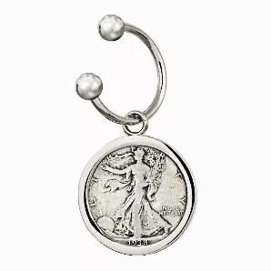 The ball closure key chain is made of a durable jeweler's metal. The stylish design includes a genuine half dollar set in a sturdy silvertone bezel. The Walking Liberty Half Dollar, struck in .900 Fine Silver was created by A.A. Weinman and minted from 1916-1947. It depicts a Lady Liberty walking in front of the sun with a flag over her shoulder. The reverse is an eagle rising from a mountaintop perch. It easily fits into a pocket or purse. Coins are historical, collectible and designed to show 