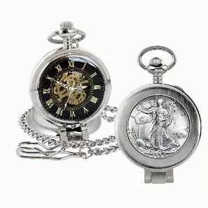 The Silver Tone Half Dollar Coin Pocket Watch with magnifying glass and skeleton movement is the classic time piece. A simple but sleek silver tone case houses a genuine United States half dollar. The Walking Liberty Half Dollar, struck in .900 Fine Silver was created by A.A. Weinman and minted from 1916-1947. It depicts a graceful Liberty advancing toward the dawn of a new day. The coin is secure in the pocket watch casing and opens to quartz style and second sweeping hand over classic Roman nu