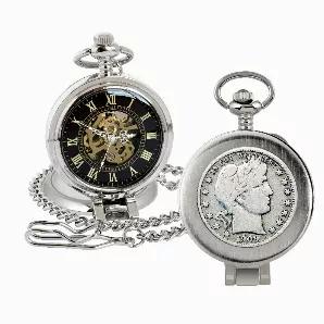 The Silver Tone Half Dollar Coin Pocket Watch with magnifying glass and skeleton movement is the classic time piece. A simple but sleek silver tone case houses a genuine United States half dollar. The Silver Barber Half Dollar, struck in .900 Fine Silver was designed by chief engraver of the U.S. Mint Charles E. Barber and was minted from 1892-1915. The obverse design features the head of Liberty. The coin is secure in the pocket watch casing and opens to quartz style and second sweeping hand ov
