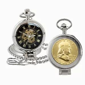 The Silver Tone Half Dollar Coin Pocket Watch with magnifying glass and skeleton movement is the classic time piece. A simple but sleek silver tone case houses a genuine United States half dollar. The Silver Franklin Half Dollar was minted from 1948 to 1963. When it was issued in 1948, Benjamin Franklin became the first person other than a president to be immortalized on a circulating U.S. coin. Even the Liberty Bell on the reverse is a "first"-- all previous silver coins featured large stylized