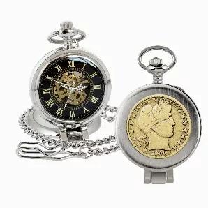 The Silver Tone Half Dollar Coin Pocket Watch with magnifying glass and skeleton movement is the classic time piece. A simple but sleek silver tone case houses a genuine United States half dollar. The Silver Barber Half Dollar, struck in .900 Fine Silver was designed by chief engraver of the U.S. Mint Charles E. Barber and was minted from 1892-1915. The obverse design features the head of Liberty. This half dollar is then lavishly layered in pure 24k Gold. The coin is secure in the pocket watch 