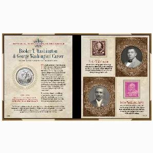 This historic set contains a genuine Carver/Washington Commemorative Half Dollar, a 1948 3 cent George Washington Carver Postage Stamp and a 1940 10 cent Booker T. Washington Postage Stamp. The genuine United States commemorative coin was minted from 1951 to 1954 and features the combined busts of Carver and Washington. The stamps in the collection are genuine United States Postage Stamps in mint state. Together the coin and stamps are displayed in a gold book style protective 5 by 6 inch portfo