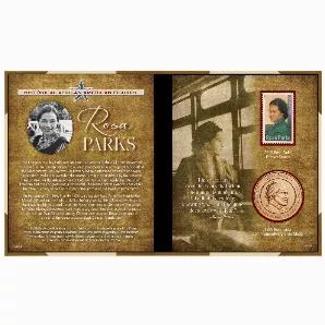 Celebrate the life of activist Rosa Parks with this medal and stamp set. The Black History Rosa Parks Set includes a genuine United States Medal and a Mint State United States Postage Stamp. The Rosa Parks medal and the 2013 Forever Rosa Parks stamp are displayed in a gold book style protective 5 by 6 inch portfolio for easy viewing. The 1.5 inch bronze medal is a replica, produced by the US Government, of the Congressional Gold Medal honoring her contributions to the nation during the civil rig