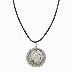 Liberty's face is the focus of this Silver Barber Half Dollar Pendant. A genuine United States Barber Half Dollar is set in a sterling silver rope bezel and hangs from a leather cord 18 inch necklace with a 2 inch extender and lobster claw clasp. The Silver Barber Half Dollar minted from 1892-1915 was designed by Charles Barber and is composed of 90 percent silver. A Certificate of Authenticity is included. Years and mint marks will vary.