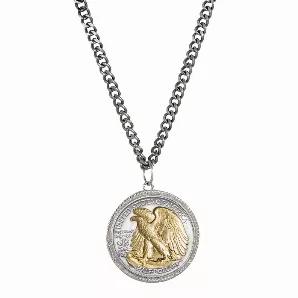 The proud eagle is the focus of this Silver Walking Liberty Reverse Half Dollar Pendant. A genuine United States Walking Liberty Half Dollar displayed on the reverse side is selectively layered in 24KT gold. The silver coin is set in a sterling silver rope bezel and hangs from a silvertone curb 24 inch chain with a lobster claw clasp. The Silver Walking Liberty Half Dollar minted from 1916-1947 was designed by Adolph Weinman and is composed of 90 percent silver. A Certificate of Authenticity is 