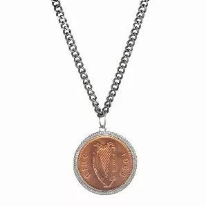 The large Irish penny lends a two tone look to this coin necklace. A genuine Irish 1 penny is set in a sterling silver rope bezel and hangs from a silvertone curb 24 inch chain with a lobster claw clasp. The penny was minted from 1928 to 1968 and is composed of bronze. A Certificate of Authenticity is included. Coin years will vary.