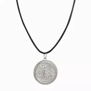 A genuine Silver Mexican Libertad 1/2 Oz. coin was first minted in 1991 featuring an angel on the obverse and is the focus of this pendant necklace. The silver coin is set in a sterling silver rope bezel and hangs from a leather cord 18 inch necklace with a 2 inch extender and lobster claw clasp. A Certificate of Authenticity is included. Years will vary.