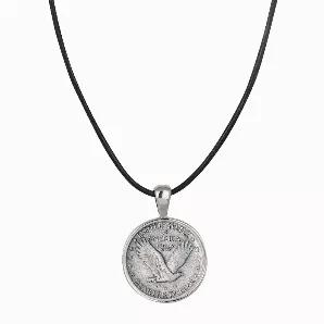The Silver Standing Liberty Quarter displays an eagle in flight on the reverse side and is the focus of this pendant necklace. The silver quarter minted from 1916 to 1930 is set in a silvertone bezel and hangs from a leather cord 18 inch necklace with a 2 inch extender and lobster claw clasp. A Certificate of Authenticity is included. Years and mint marks will vary.