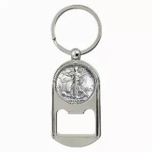 Dual duty Half Dollar Coin Bottle Opener and Keychain is perfect for your pocket or purse. The 3.63 by 1.5 inch hi-polished silvertone finish keychain bottle opener holds a genuine United States Half Dollar. The Walking Liberty Half Dollar, struck in .900 Fine Silver was created by A.A. Weinman and minted from 1916-1947. It depicts a graceful Liberty advancing toward the dawn of a new day. Comes in a white jewelry box along with a Certificate of Authenticity.Mint marks and years may vary.