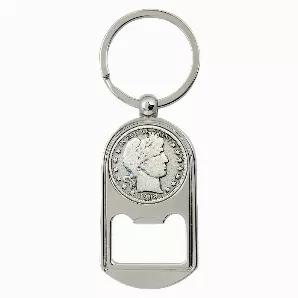 Dual duty Half Dollar Coin Bottle Opener and Keychain is perfect for your pocket or purse. The 3.63 by 1.5 inch hi-polished silvertone finish keychain bottle opener holds a genuine United States Half Dollar. The Silver Barber Half Dollar, struck in .900 Fine Silver was designed by chief engraver of the U.S. Mint Charles E. Barber and was minted from 1892-1915. The obverse design features the head of Liberty. Comes in a white jewelry box along with a Certificate of Authenticity.Mint marks and yea