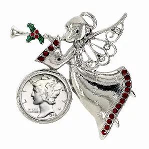 Classic and stylish a holiday brooch will lend a festive look to any attire. Whether you wear it on a sweater or coat lapel the added United States genuine dime makes the pin historical, collectible and educational. The silver Mercury Dime was minted from 1916 to 1945 and features Miss Liberty in a winged cap. The coin securely rests in a bezel under the angel's arm. The silvertone holiday angel brooch measures 2 by .88 inches and has a safety closure. The pin comes in a white jewelry box and in