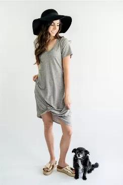 <p>Whether you're in need of a beach dress for vacation, sun dress for lunch with the girls or an everyday t-shirt dress the Emery V-Neck Twisted Hem T-Shirt dress has all bases covered. It's cut flatters all figures from petite to plus size. Dress features short sleeves with sexy cut out detailing along neckline.  </p>
<p> </p>
<h3 class="a-size-large a-spacing-none a-color-secondary">
<span id="productTitle" class="a-size-large product-title-word-break"></span>PRODUCT DETAILS</h3>
<ul>
<li>Pol
